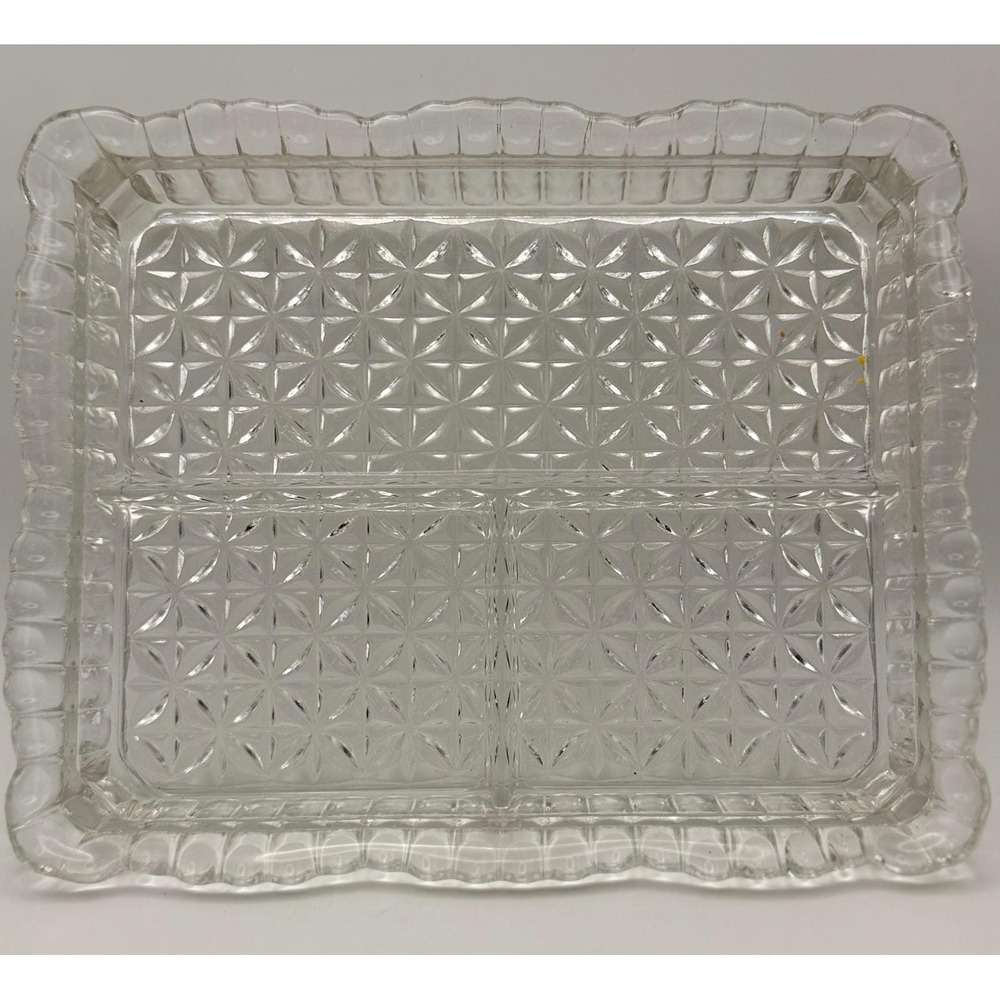 Antique Daisy & Button Clear Glass Divided Relish Tray 3 Section Scalloped Edge